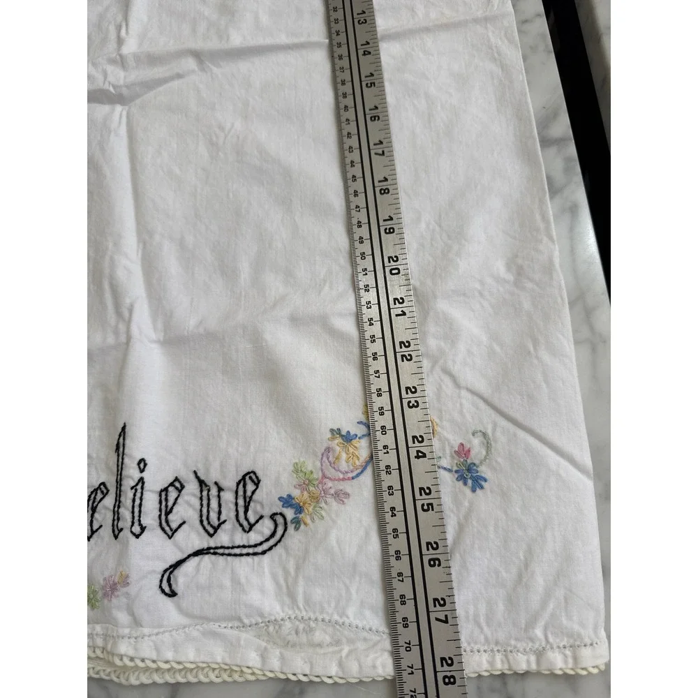 Vintage Hand Embroidered I Believe Floral White Cotton Pillowcase Scalloped Edge